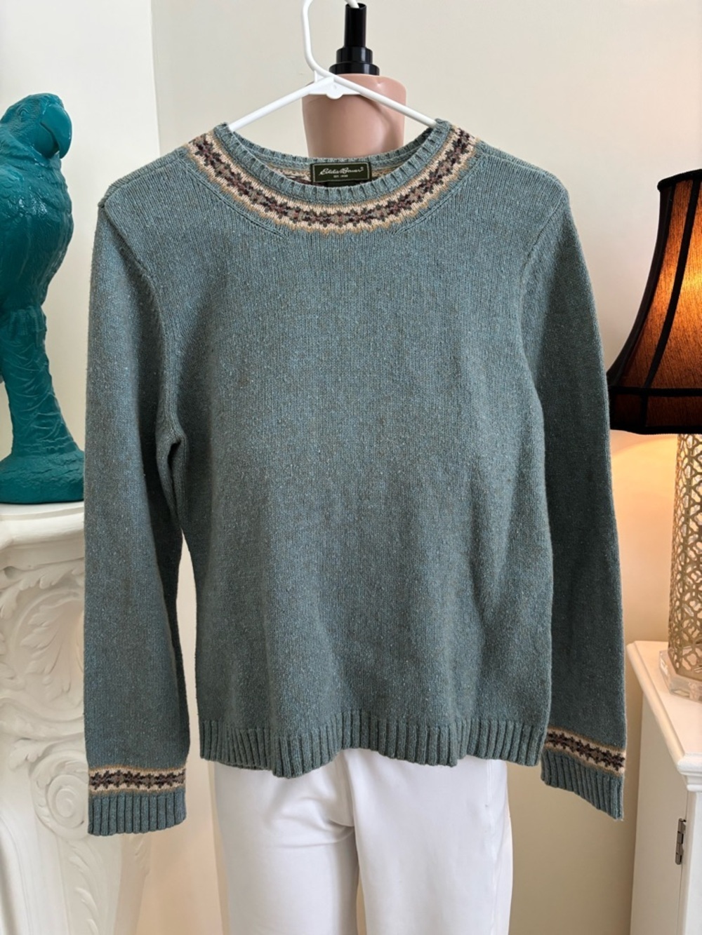 Vintage Eddie Bauer Teal Crewneck Sweater with Fair Isle Trim - Picture 2 of 10